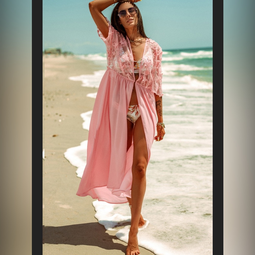 #46 Peach Floral Mesh Lace Open Front Kimono/Duster